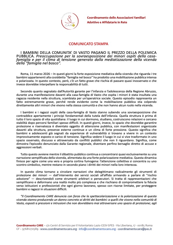 Comunicato Coordinamento CARE SUGLI EVENTI RIGUARDANTI LA COSIDETTA “FAMIGLIA NEL BOSCO”