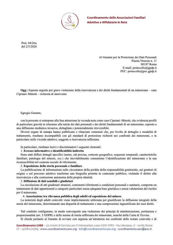Il Coordinamento CARE ha presentato una segnalazione al Garante per la Protezione dei Dati Personali