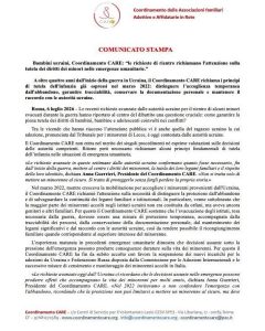 COMUNCATO STAMPA - RICHIESTE AVANZATE DALLE AUTORITA' UCRAINE PER IL RIENTRO DI ALCUNI MINORI EVACUATI DURANTE LA GUERRA
