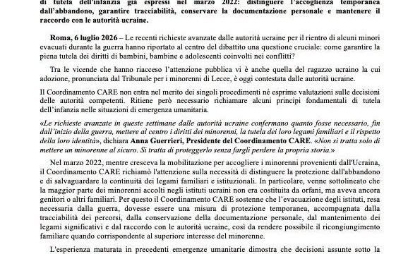 COMUNCATO STAMPA - RICHIESTE AVANZATE DALLE AUTORITA' UCRAINE PER IL RIENTRO DI ALCUNI MINORI EVACUATI DURANTE LA GUERRA