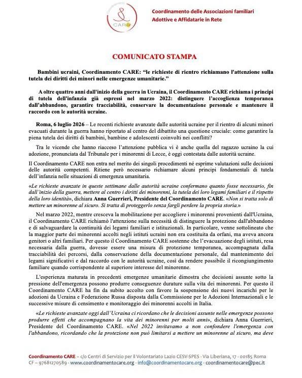 COMUNCATO STAMPA - RICHIESTE AVANZATE DALLE AUTORITA' UCRAINE PER IL RIENTRO DI ALCUNI MINORI EVACUATI DURANTE LA GUERRA