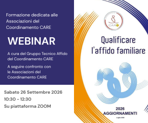 Locandina del webinar QualifiCARE l'affido familiare 2026 del Coordinamento CARE, riservato alle associazioni aderenti, in programma il 26 settembre 2026.