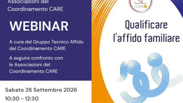 Locandina del webinar QualifiCARE l'affido familiare 2026 del Coordinamento CARE, riservato alle associazioni aderenti, in programma il 26 settembre 2026.