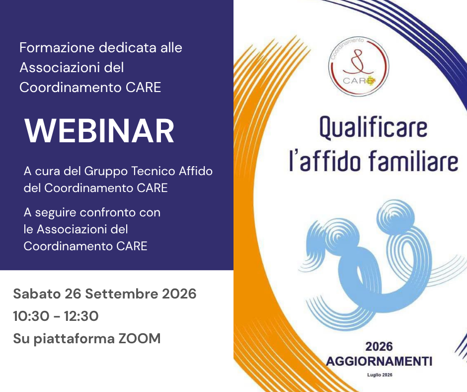 Locandina del webinar QualifiCARE l'affido familiare 2026 del Coordinamento CARE, riservato alle associazioni aderenti, in programma il 26 settembre 2026.