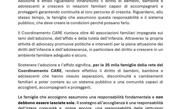 Copertina del dossier del Coordinamento CARE “Adozione e affido. Otto priorità per le politiche del Paese”