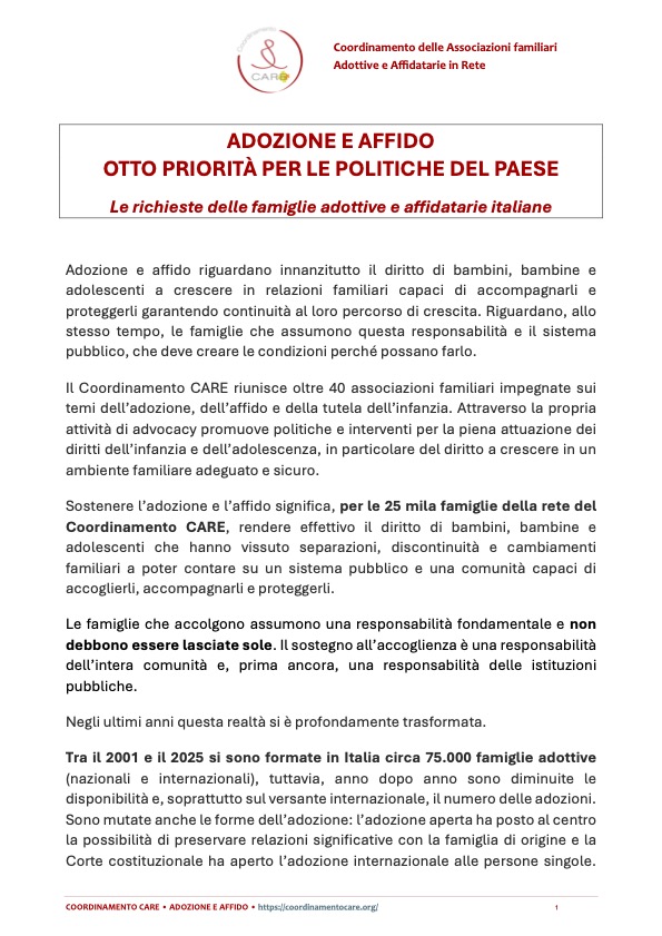 Copertina del dossier del Coordinamento CARE &ldquo;Adozione e affido. Otto priorit&agrave; per le politiche del Paese&rdquo;