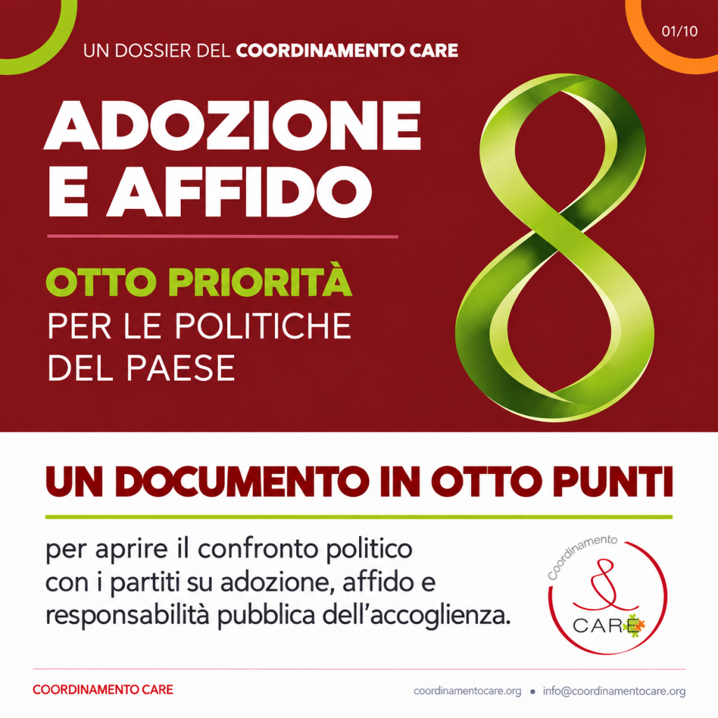 Copertina del dossier Coordinamento CARE: Adozione e affido, otto priorit&agrave; per le politiche del Paese.