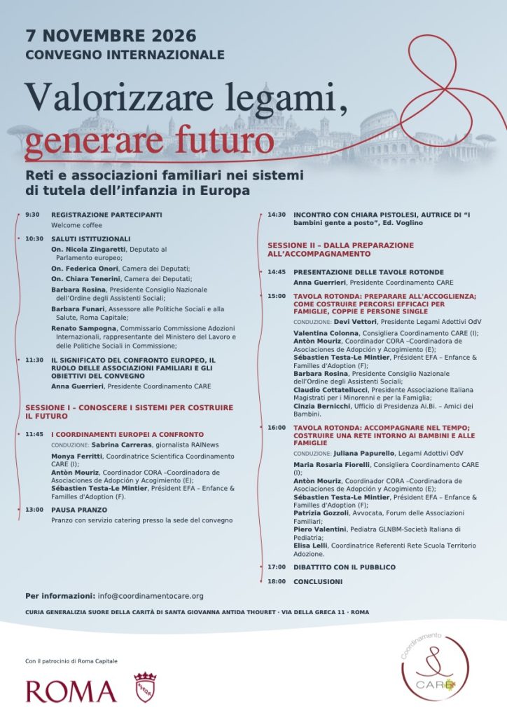 Locandina del convegno internazionale del Coordinamento CARE &laquo;Valorizzare legami, generare futuro&raquo;, Roma, 7 novembre 2026.